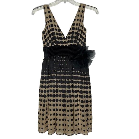 Burlapp Women's Polka Dot Beige and Black V-Neck Dress with Tulle Bow Detail 0 - Picture 1 of 11